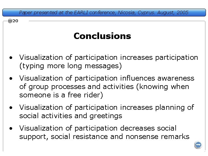 Paper presented at the EARLI conference, Nicosia, Cyprus. August, 2005 20 Conclusions • Visualization