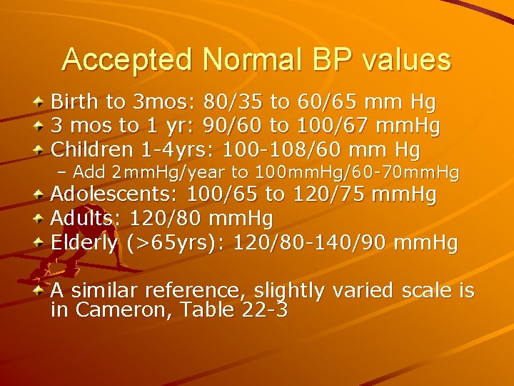 Accepted Normal BP values Birth to 3 mos: 80/35 to 60/65 mm Hg 3