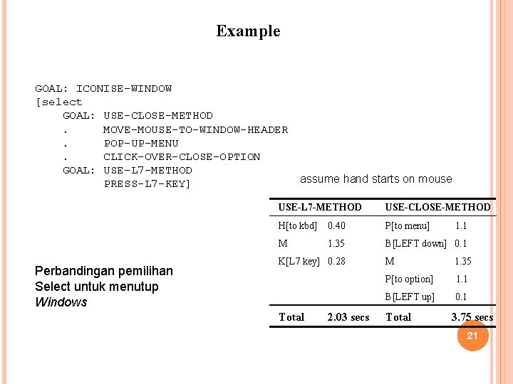 Example GOAL: ICONISE-WINDOW [select GOAL: USE-CLOSE-METHOD. MOVE-MOUSE-TO-WINDOW-HEADER. POP-UP-MENU. CLICK-OVER-CLOSE-OPTION GOAL: USE-L 7 -METHOD PRESS-L