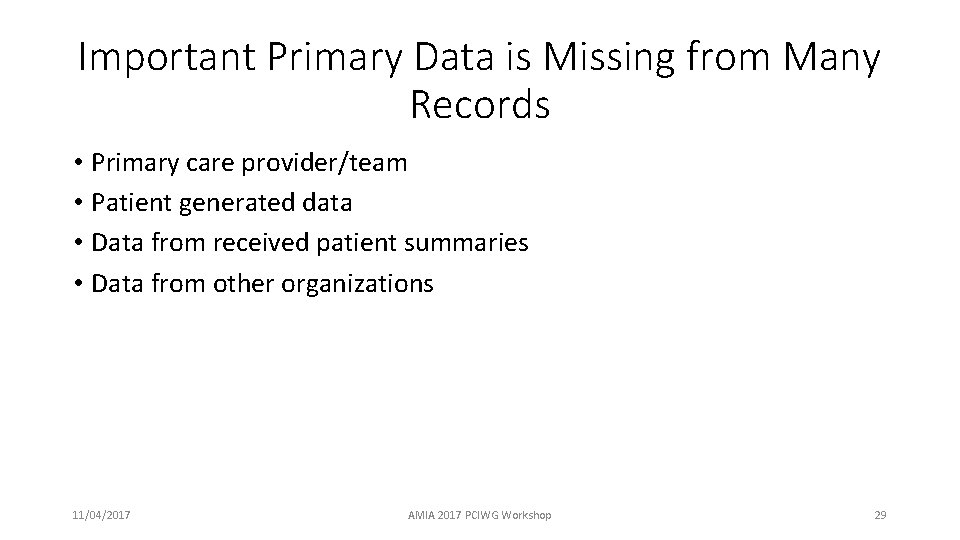 Important Primary Data is Missing from Many Records • Primary care provider/team • Patient