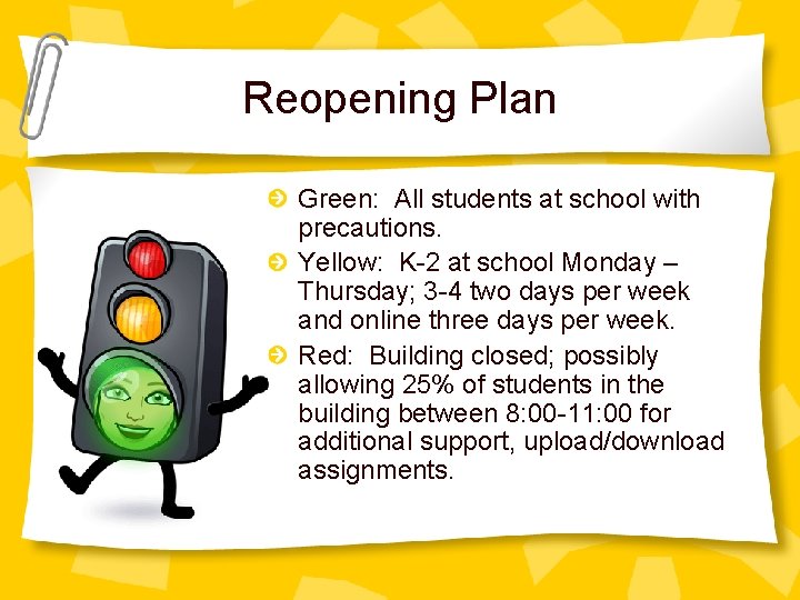 Reopening Plan Green: All students at school with precautions. Yellow: K-2 at school Monday