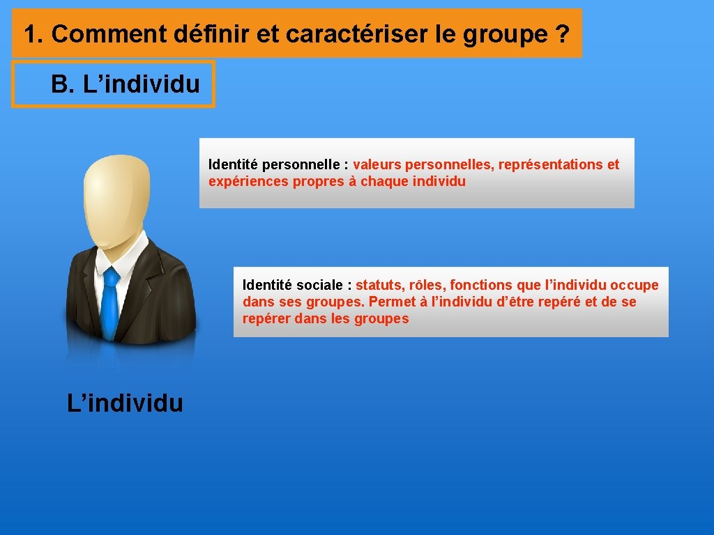 1. Comment définir et caractériser le groupe ? B. L’individu Identité personnelle : valeurs