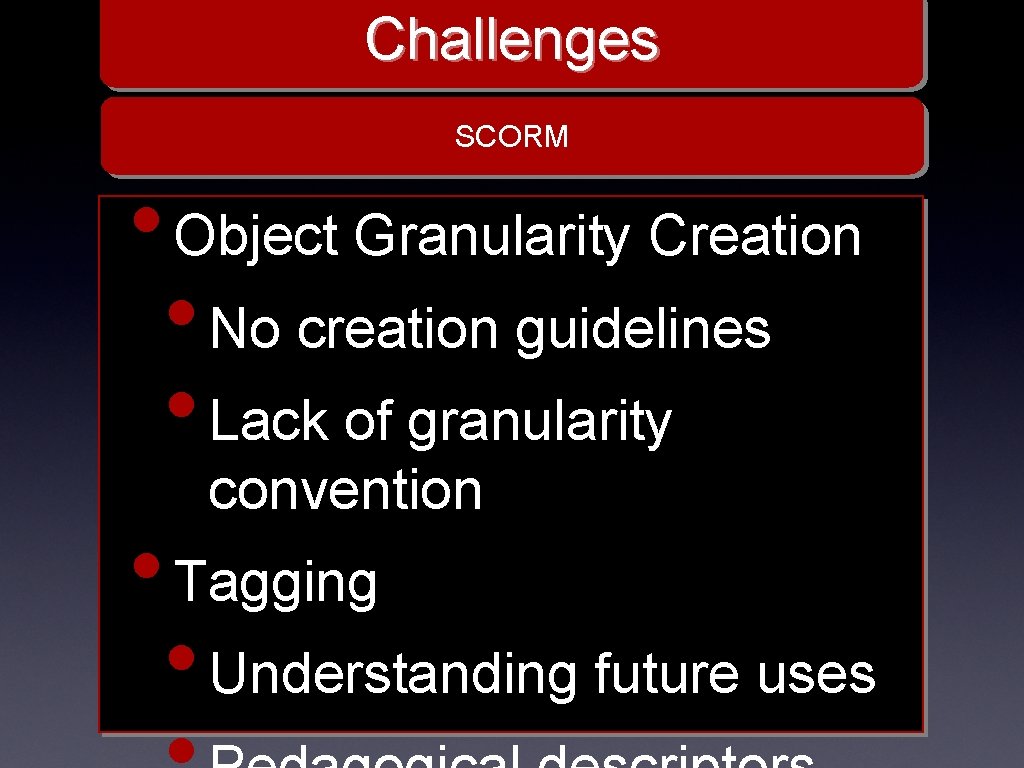 Challenges SCORM • Object Granularity Creation • No creation guidelines • Lack of granularity