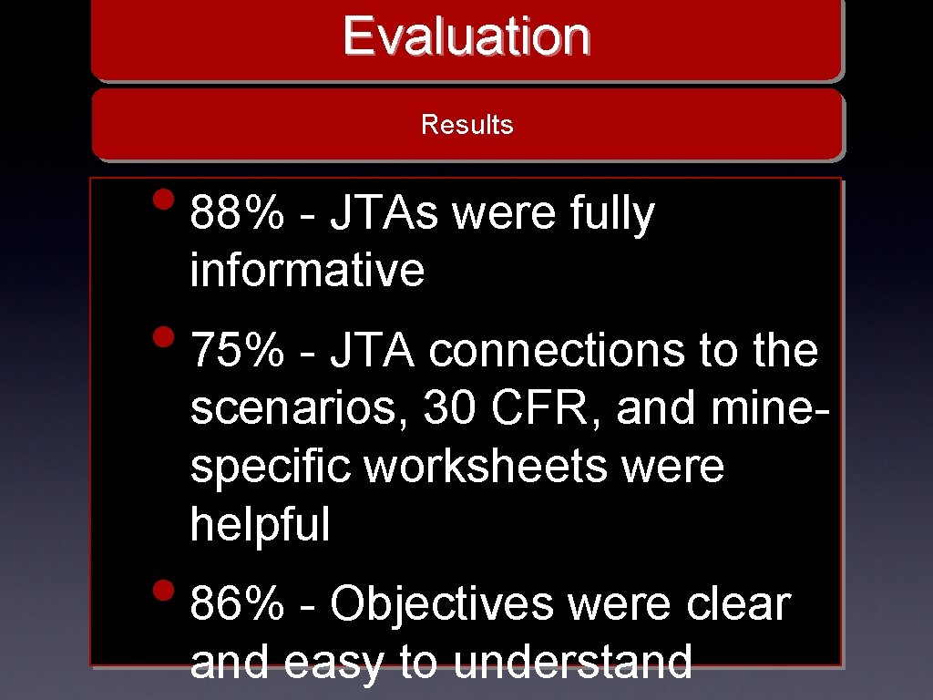 Evaluation Results • 88% - JTAs were fully informative • 75% - JTA connections