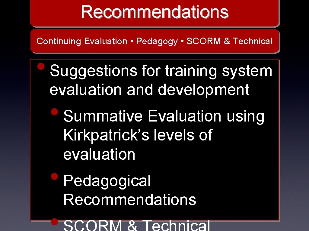 Recommendations Continuing Evaluation • Pedagogy • SCORM & Technical • Suggestions for training system
