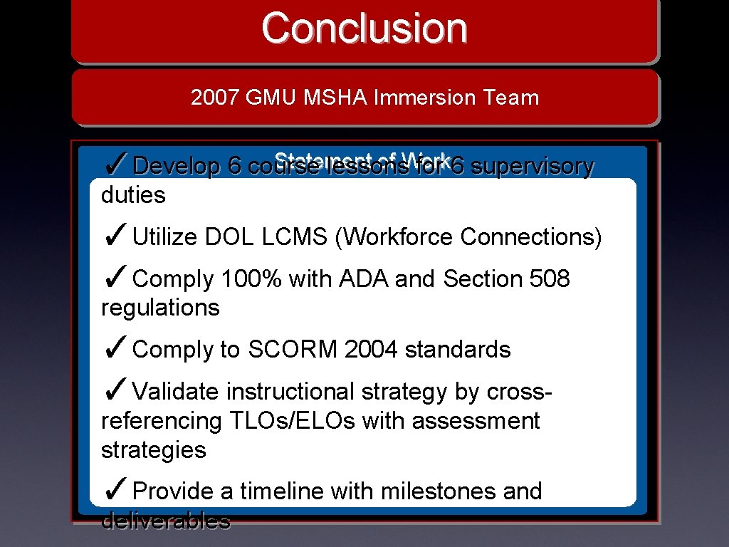 Conclusion 2007 GMU MSHA Immersion Team Statement of Work ✓Develop 6 course lessons for