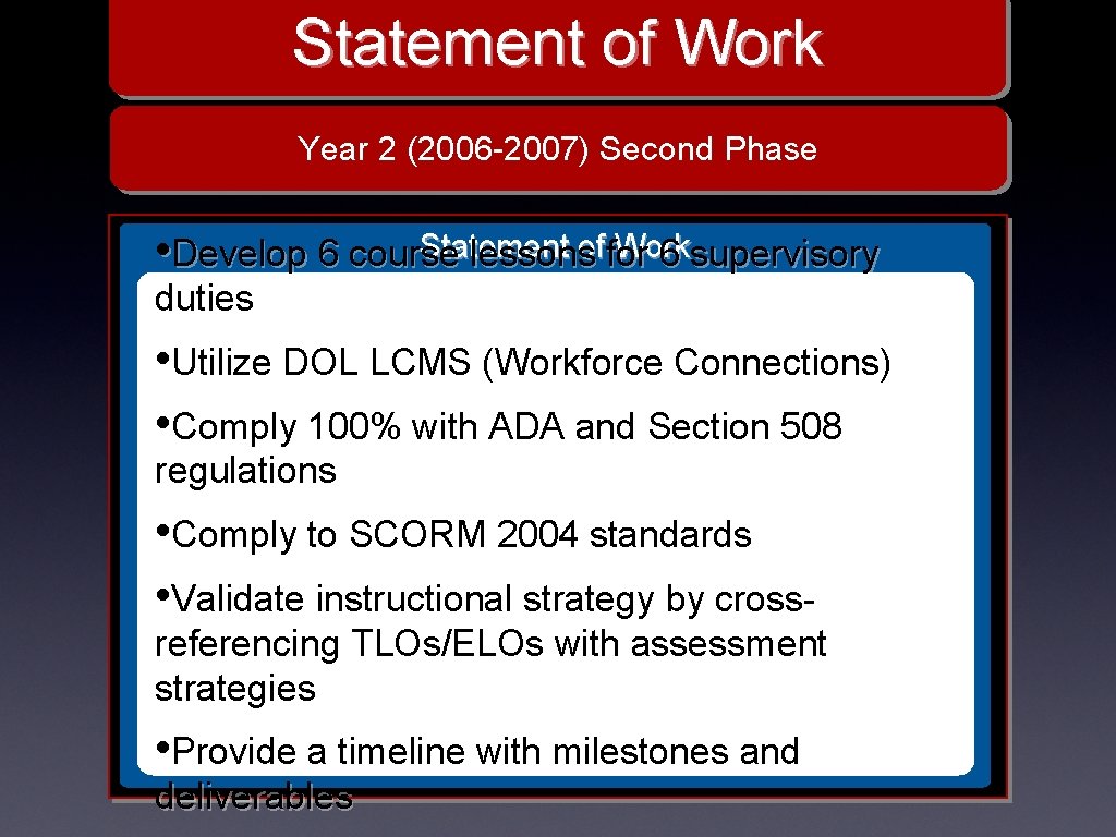Statement of Work Year 2 (2006 -2007) Second Phase Statement Work • Develop 6