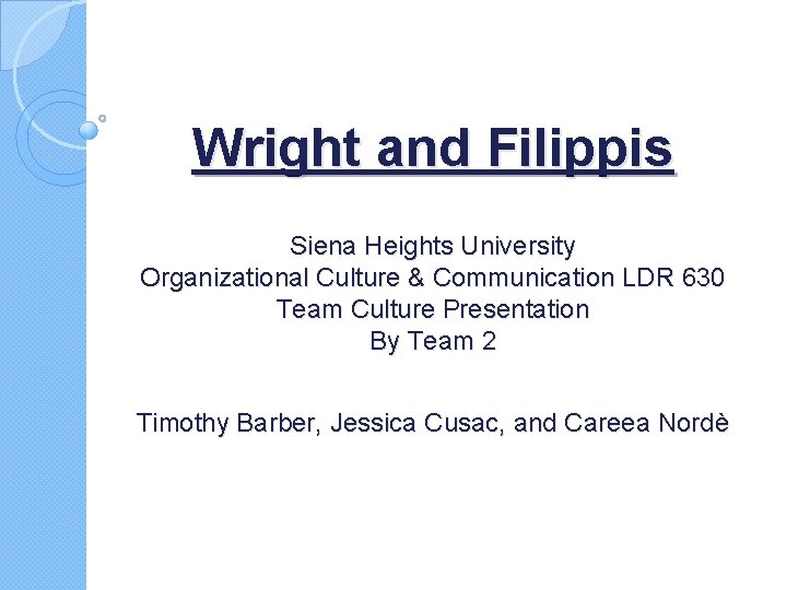 Wright and Filippis Siena Heights University Organizational Culture & Communication LDR 630 Team Culture