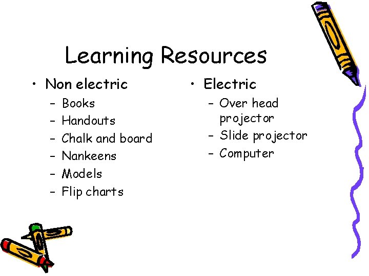 Learning Resources • Non electric – – – Books Handouts Chalk and board Nankeens