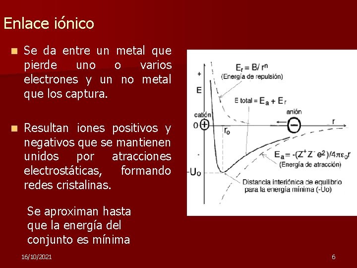 Enlace iónico n Se da entre un metal que pierde uno o varios electrones