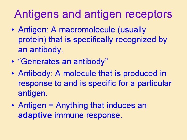 Antigens and antigen receptors • Antigen: A macromolecule (usually protein) that is specifically recognized
