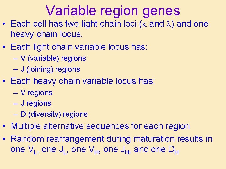 Variable region genes • Each cell has two light chain loci (k and l)
