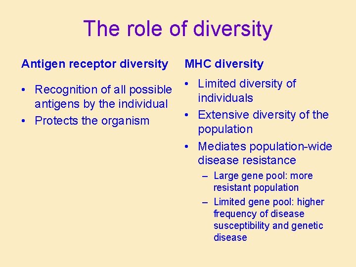 The role of diversity Antigen receptor diversity MHC diversity • Recognition of all possible