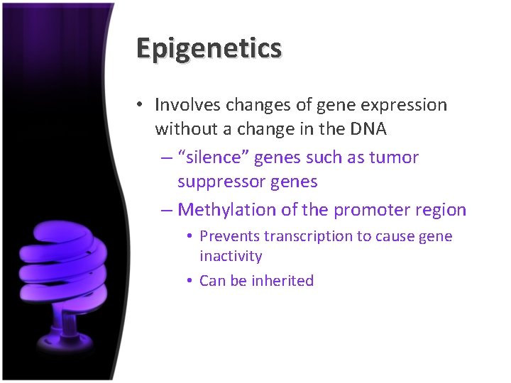 Epigenetics • Involves changes of gene expression without a change in the DNA –