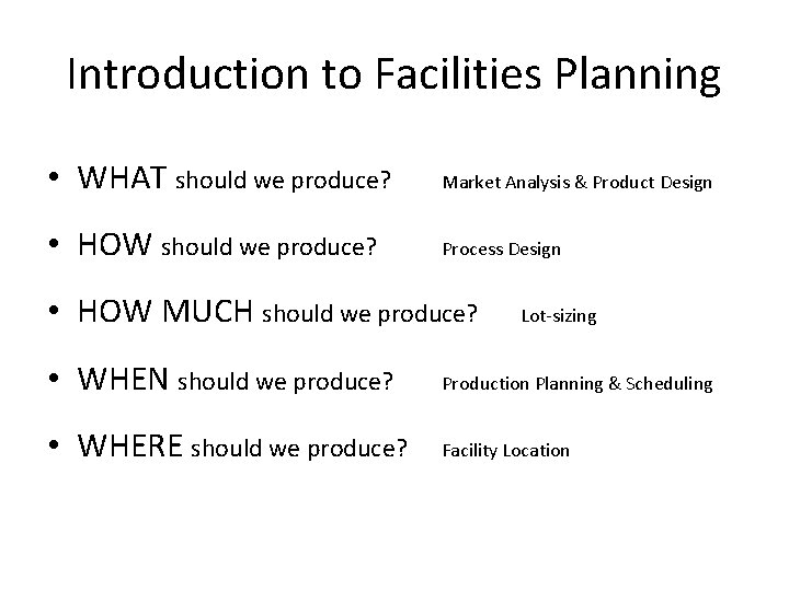 Introduction to Facilities Planning • WHAT should we produce? Market Analysis & Product Design