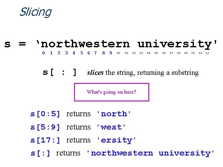 Slicing s = ‘northwestern university' 0 1 2 3 4 5 6 7 8