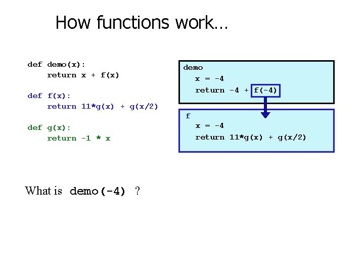 How functions work… def demo(x): return x + f(x) def f(x): return 11*g(x) +