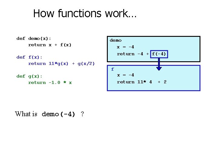 How functions work… def demo(x): return x + f(x) def f(x): return 11*g(x) +