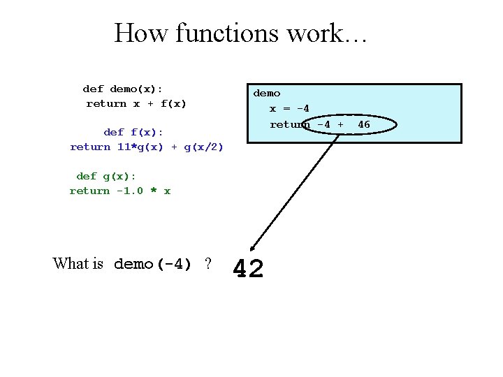 How functions work… def demo(x): return x + f(x) def f(x): return 11*g(x) +