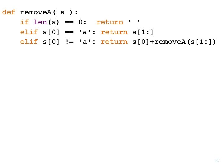 def remove. A( s ): if len(s) == 0: return ' ' elif s[0]