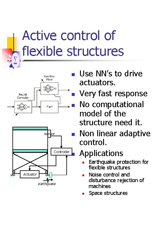 Active control of flexible structures n n n sensor Controller n n Use NN’s