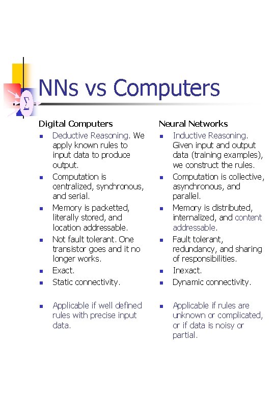 NNs vs Computers Digital Computers n Deductive Reasoning. We apply known rules to input