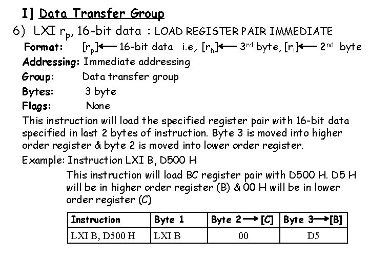 I] Data Transfer Group 6) LXI rp, 16 -bit data : LOAD REGISTER PAIR