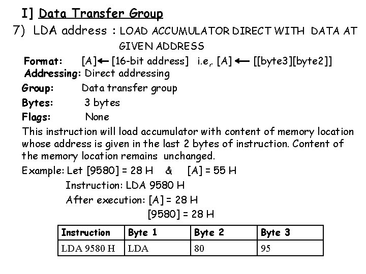 I] Data Transfer Group 7) LDA address : LOAD ACCUMULATOR DIRECT WITH DATA AT