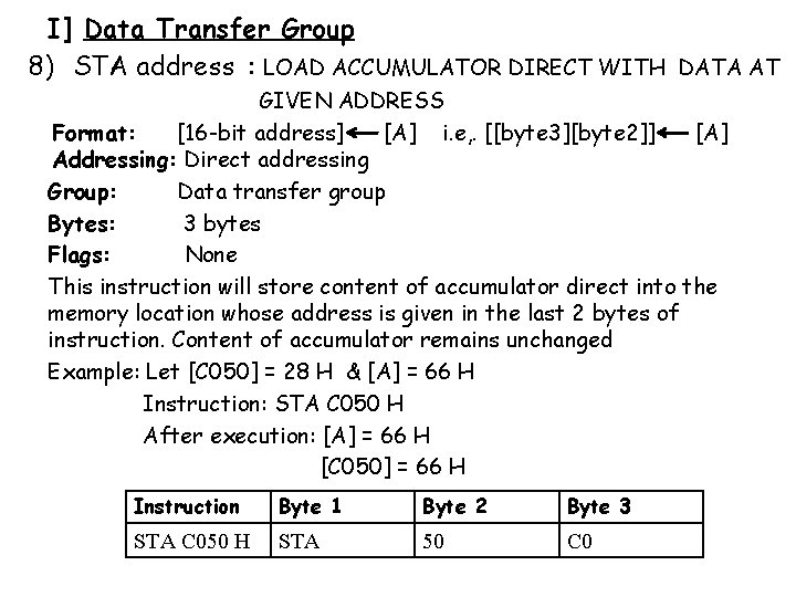 I] Data Transfer Group 8) STA address : LOAD ACCUMULATOR DIRECT WITH DATA AT