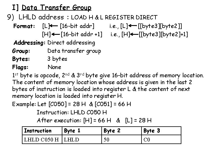 I] Data Transfer Group 9) LHLD address : LOAD H & L REGISTER DIRECT