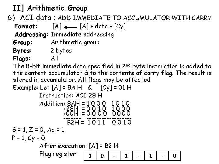 II] Arithmetic Group 6) ACI data : ADD IMMEDIATE TO ACCUMULATOR WITH CARRY Format: