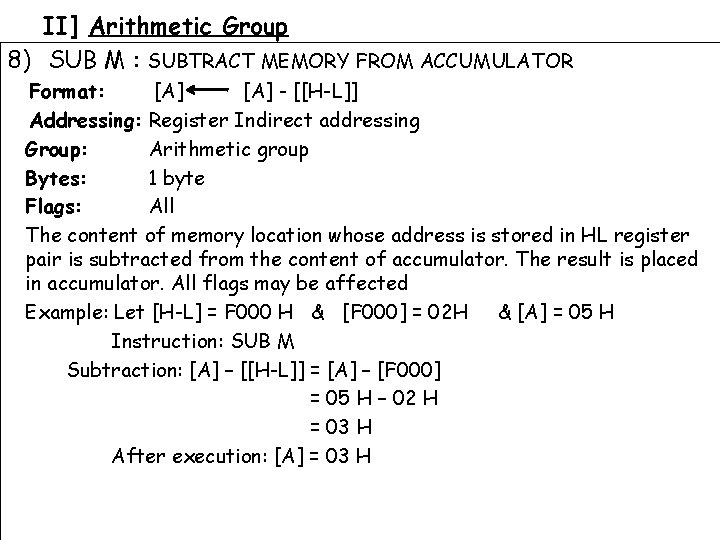 II] Arithmetic Group 8) SUB M : SUBTRACT MEMORY FROM ACCUMULATOR Format: [A] -