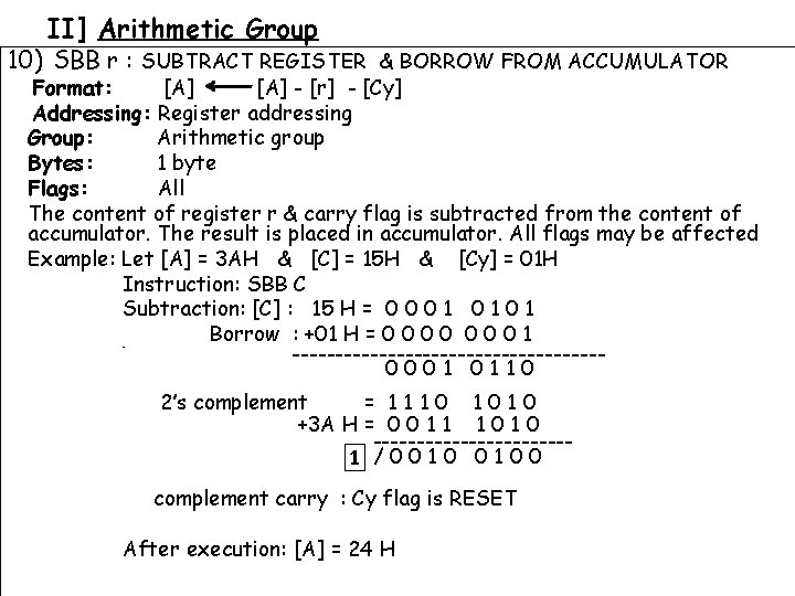 II] Arithmetic Group 10) SBB r : SUBTRACT REGISTER & BORROW FROM ACCUMULATOR Format: