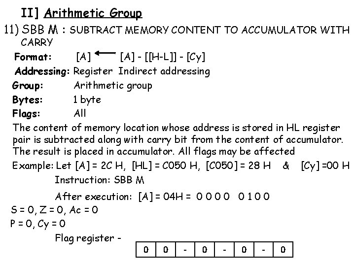 II] Arithmetic Group 11) SBB M : SUBTRACT MEMORY CONTENT TO ACCUMULATOR WITH CARRY