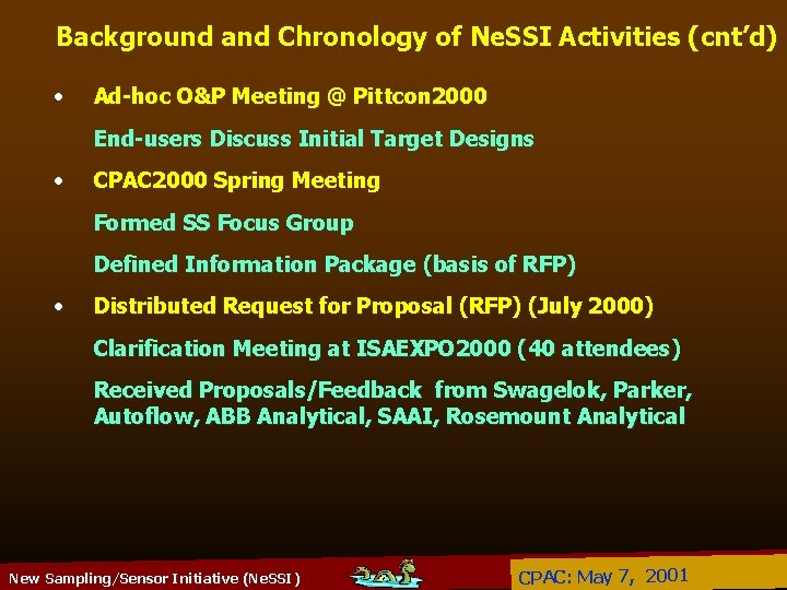 Background and Chronology of Ne. SSI Activities (cnt’d) • Ad-hoc O&P Meeting @ Pittcon