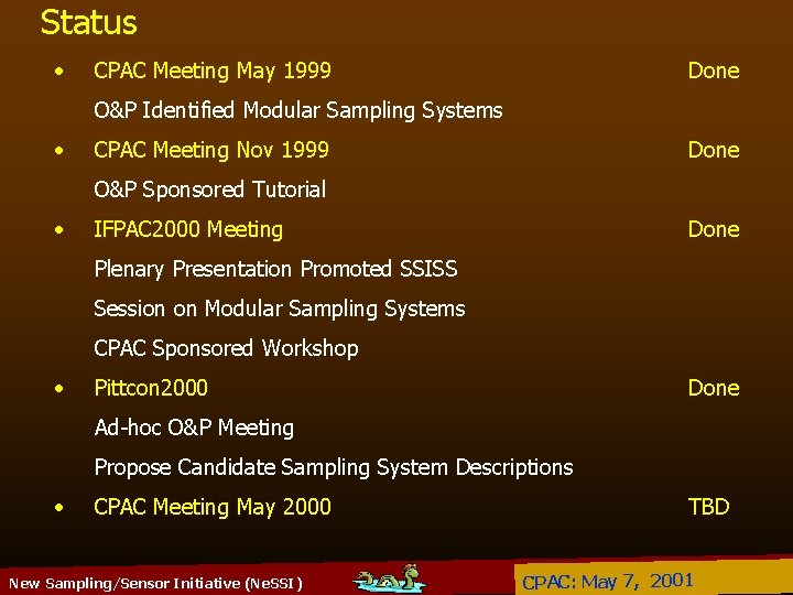 Status • CPAC Meeting May 1999 Done O&P Identified Modular Sampling Systems • CPAC