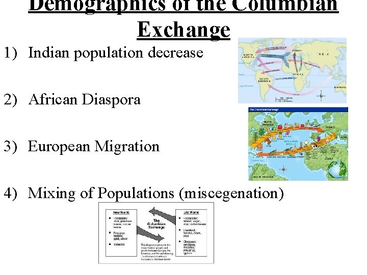 Demographics of the Columbian Exchange 1) Indian population decrease 2) African Diaspora 3) European