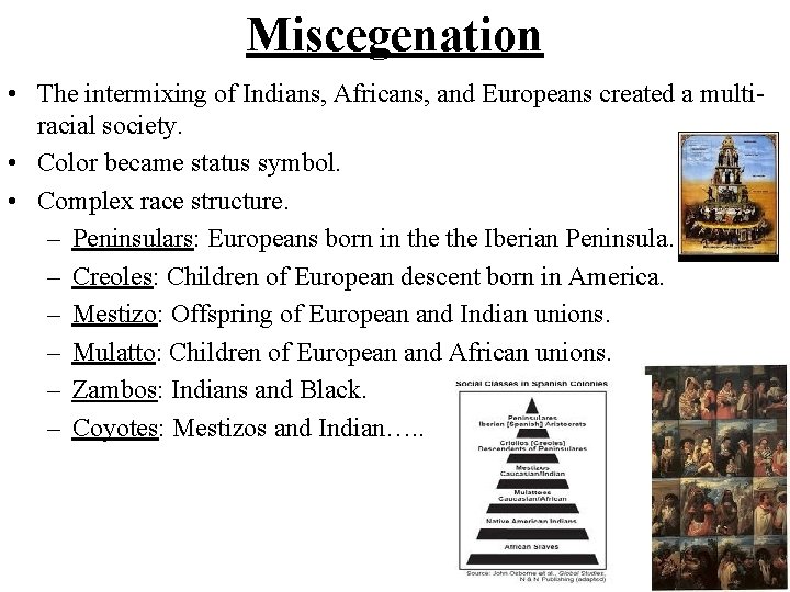 Miscegenation • The intermixing of Indians, Africans, and Europeans created a multiracial society. •