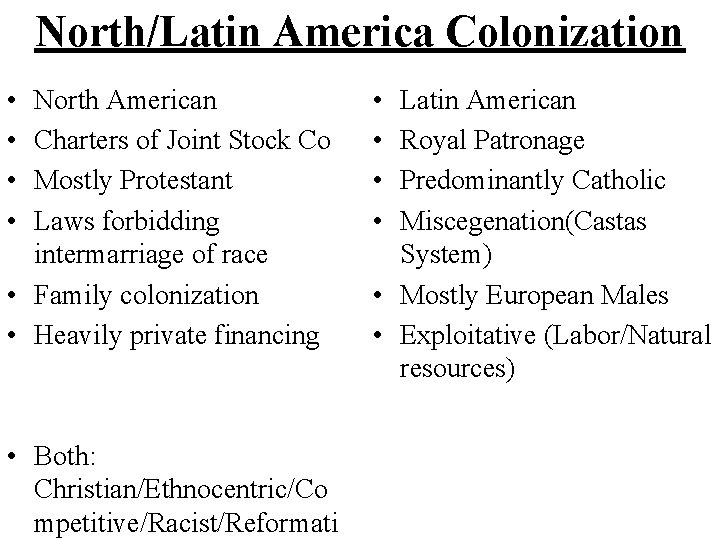 North/Latin America Colonization • • North American Charters of Joint Stock Co Mostly Protestant