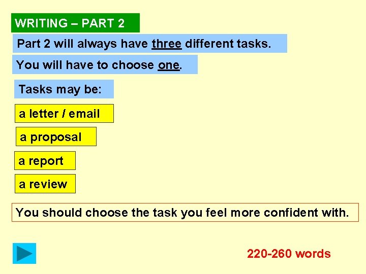 WRITING – PART 2 Part 2 will always have three different tasks. You will