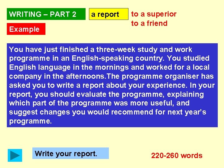 WRITING – PART 2 a report Example to a superior to a friend You