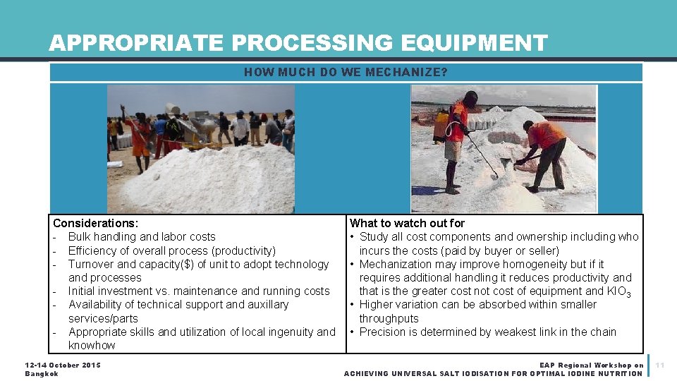 APPROPRIATE PROCESSING EQUIPMENT HOW MUCH DO WE MECHANIZE? Considerations: - Bulk handling and labor