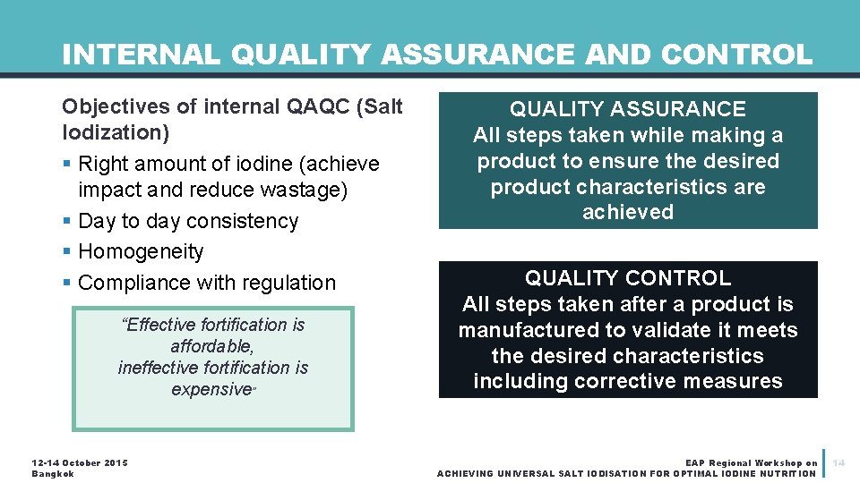 INTERNAL QUALITY ASSURANCE AND CONTROL Objectives of internal QAQC (Salt Iodization) § Right amount