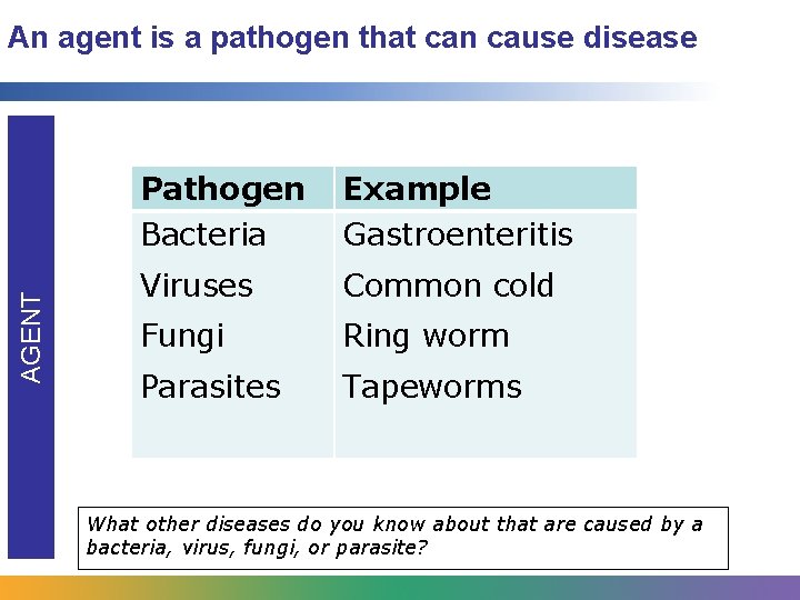 AGENT An agent is a pathogen that can cause disease Pathogen Bacteria Example Gastroenteritis