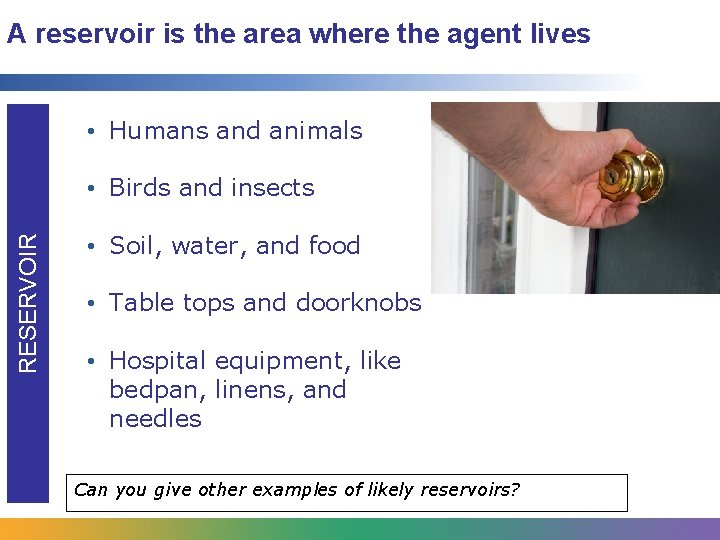 A reservoir is the area where the agent lives • Humans and animals RESERVOIR