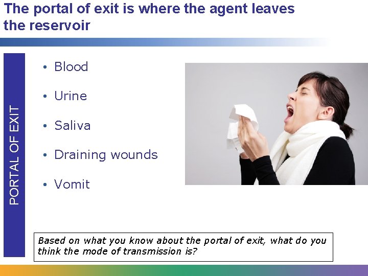 The portal of exit is where the agent leaves the reservoir • Blood PORTAL