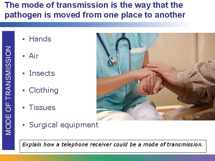 The mode of transmission is the way that the pathogen is moved from one