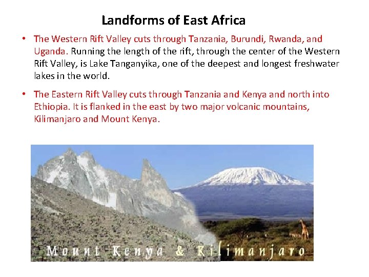 Landforms of East Africa • The Western Rift Valley cuts through Tanzania, Burundi, Rwanda,