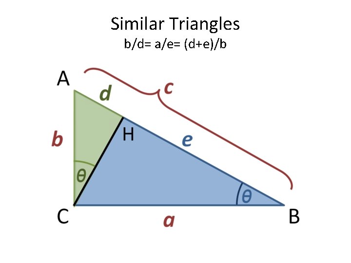 Similar Triangles b/d= a/e= (d+e)/b 