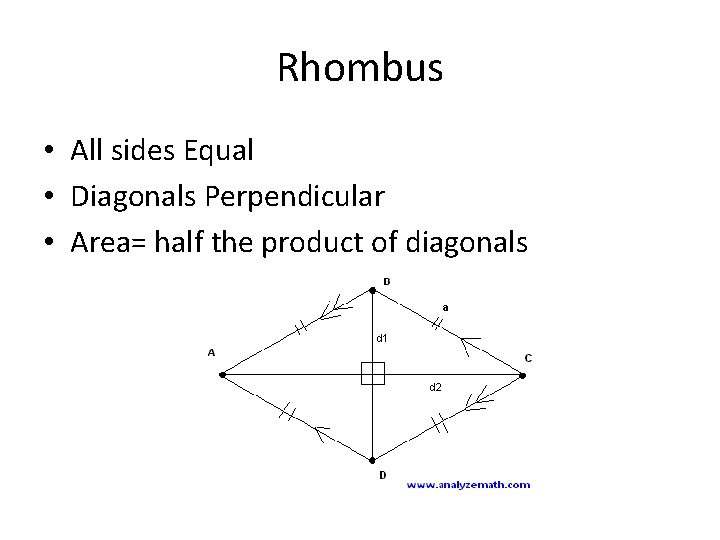 Rhombus • All sides Equal • Diagonals Perpendicular • Area= half the product of